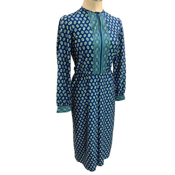 Small 1970s Mod Dress Go Go Blue Green Vintage Midi Mid Calf Union Label - Picture 1 of 10